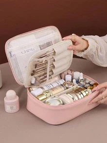 Polyester Large Travel Makeup Bag - Multi-Compartment Organizer For Cosmetics, Brushes & Skincare, Portable Toiletry Case For Beach, School & Gifts, Hanging Design For Easy Access - Dusty Pink - View 2