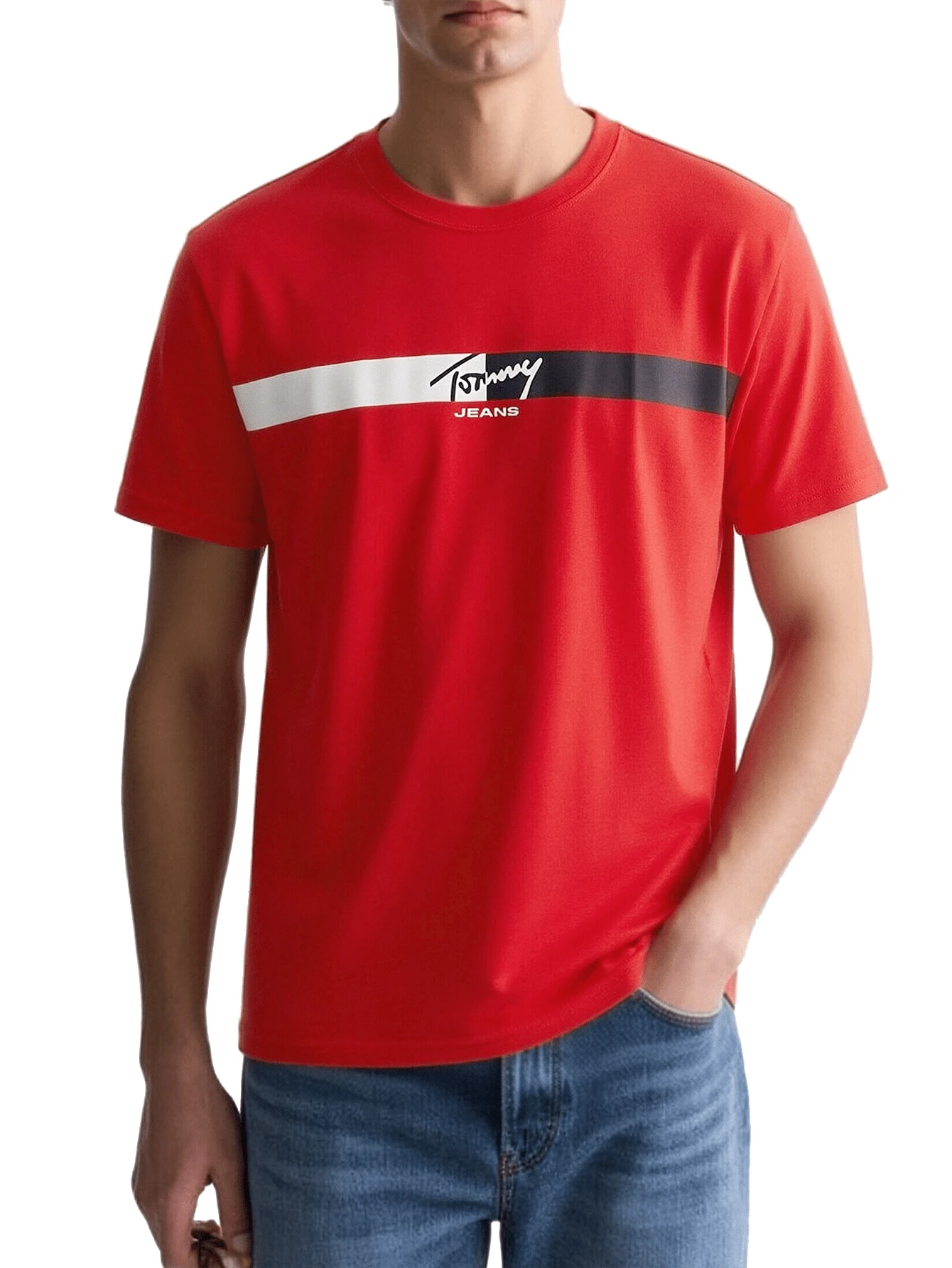 Tommy Hilfiger Signature Stripe Men's T-Shirts Red - Rapid Red - Ver 1