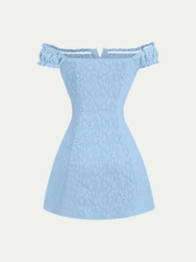 Sweetra Women's Sweet Jacquard Texture Hollow-Out Sexy Off-Shoulder Casual Fitted Dress For Spring/Summer - Blue - View 2