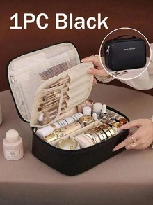 Polyester Large Travel Makeup Bag - Multi-Compartment Organizer For Cosmetics, Brushes & Skincare, Portable Toiletry Case For Beach, School & Gifts, Hanging Design For Easy Access - Dusty Pink - View 12