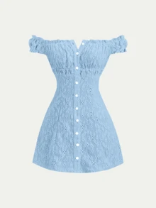 Sweetra Women's Sweet Jacquard Texture Hollow-Out Sexy Off-Shoulder Casual Fitted Dress For Spring/Summer - Blue - View 1