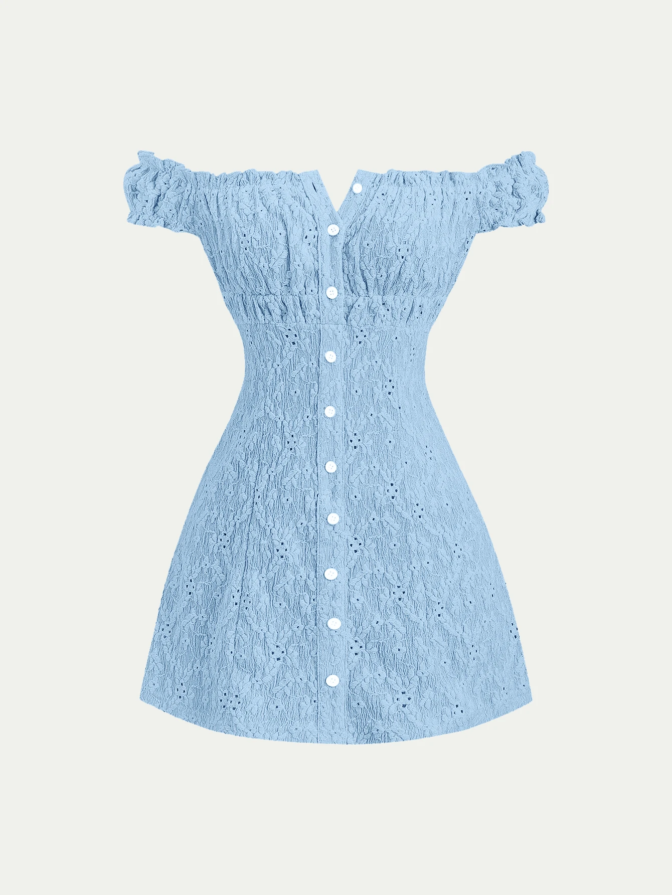 Sweetra Women's Sweet Jacquard Texture Hollow-Out Sexy Off-Shoulder Casual Fitted Dress For Spring/Summer - Blue - View 1