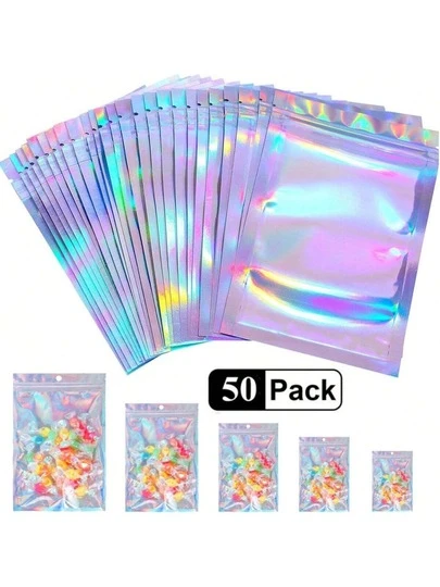 50PCS Holographic Resealable Foil Zipper Bags Colorful Odor Proof Food Storage Pouch For Small Business Jewelry Candy Packaging