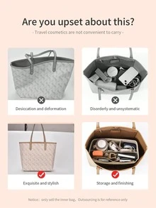 1PC Beige Purse Organizer Insert With Support Lining Anti Deformation Medium Bag For Handbag Backpack Tote Inner Storage Pouch For Lipstick Brush Skin Care Phone Coins Small Items Travel Gift Boho Style 3 Sizes Optional - Beige - View 2