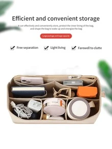1PC Beige Purse Organizer Insert With Support Lining Anti Deformation Medium Bag For Handbag Backpack Tote Inner Storage Pouch For Lipstick Brush Skin Care Phone Coins Small Items Travel Gift Boho Style 3 Sizes Optional - Beige - View 3