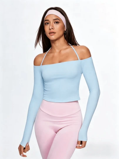 Eassivo Eassivo Solid Color Halter Sleeveless Off-Shoulder Long Sleeve Sports T-Shirt Yoga Top