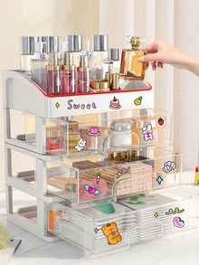 1 pieza Organizador de maquillaje de plástico transparente de lujo, contiene cuidado de la piel, brochas de maquillaje, bases, lápices labiales y talla grande, solución de almacenamiento a prueba de polvo, para vacaciones en la playa, colección de baño, colección de dormitorio, gran capacidad, bolsa de maquillaje, esencial de viaje - transparente - Ver 3