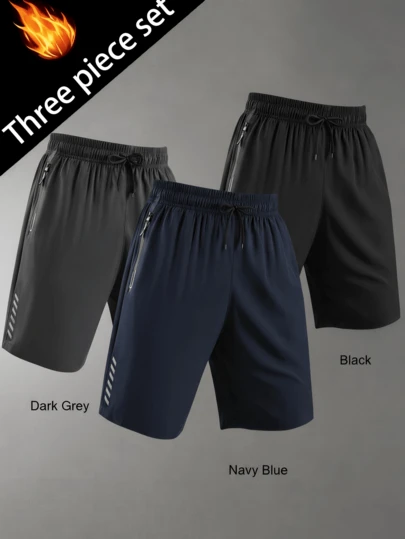 Manfinity Sport Corelite 3 chiếc quần short nam mùa hè in họa tiết, có khóa kéo và túi, kiểu dáng thể thao ngoài trời thời trang.