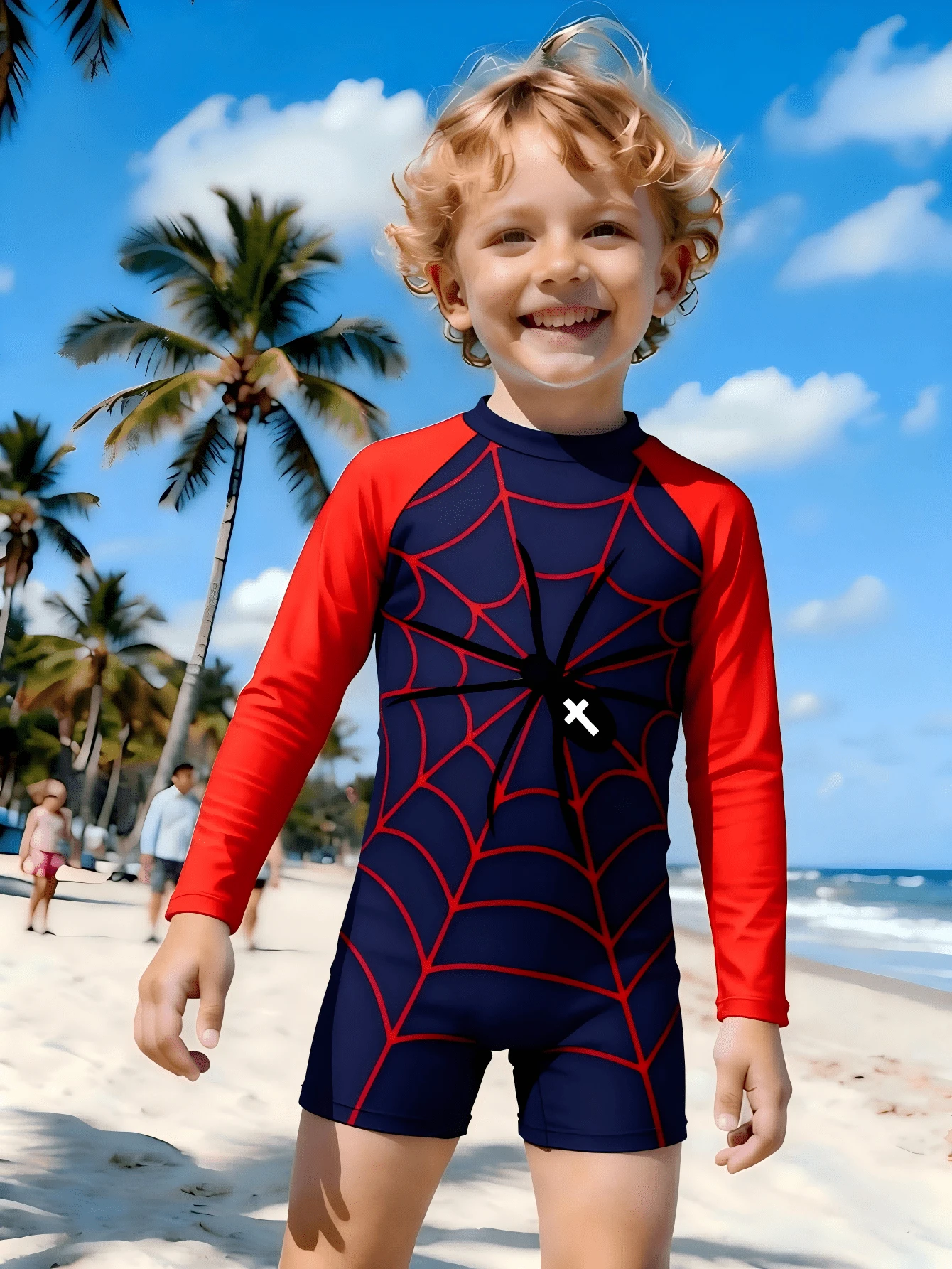 Fantacosmos Young Boys One-Piece Long Sleeve Sun Protection Bathing Suit,Summer Beach Holiday High Elastic Breathable Swimwear,Kids Rashguard Skin Friendly Gear - Blue - View 1