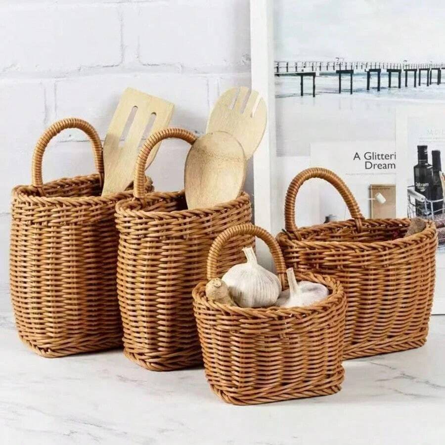 1 pieza Cesta de pared colgante tejida a mano de ratán para almacenar cucharas, palillos, flores y diversos artículos, cesta de almacenamiento portátil montada en la pared para decoración del hogar - Marrón Mocha - Ver 1