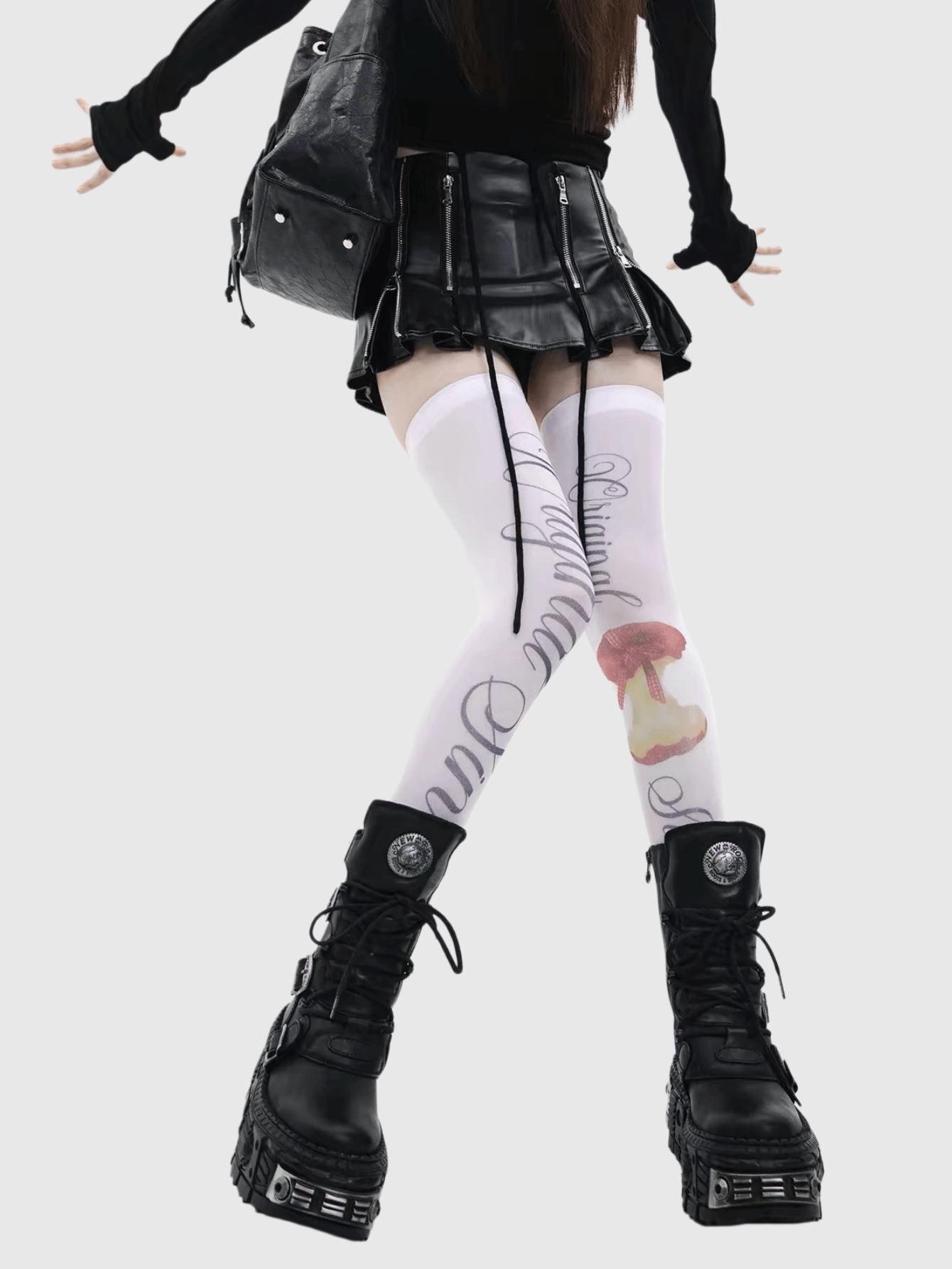 Grunge Punk Gothic "Original Sin" Apple Core Knee Socks - Scary And Cute Apple Text Printing Retro Socks Opaque Women's Socks, Suitable For Y2K Fashion Style, Going Out To Wear, Parties, Shopping And Taking Pictures, Etc