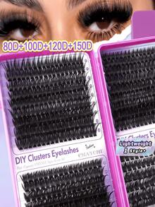 1 Tray Mixed Density Black Natural Fluffy Lash Clusters 8-16mm DIY Home Volume Style For Beginners Comfortable Wear For Party Travel Daily Makeup - D - View 1