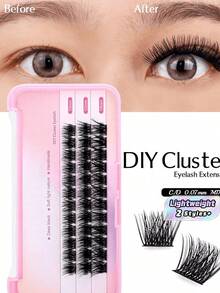 3 Rows DIY Lash Clusters 0.07mm Thick C D Curl Mixed 10 12 14mm 3D Natural Look Waterproof Long Lasting Korean PBT Fiber Soft Fluffy Matte Deep Black Individual Lashes Reusable Easy Apply - Black - View 1