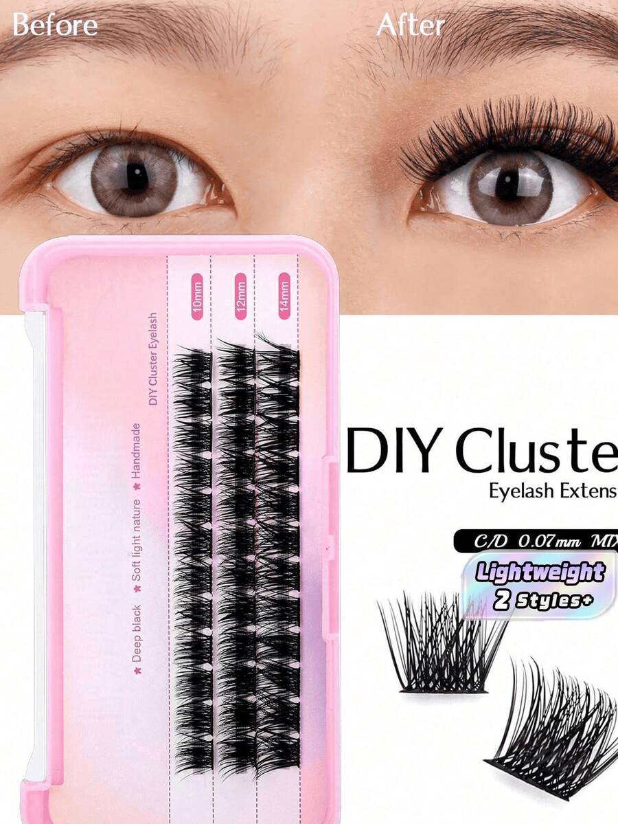 3 Rows DIY Lash Clusters 0.07mm Thick C D Curl Mixed 10 12 14mm 3D Natural Look Waterproof Long Lasting Korean PBT Fiber Soft Fluffy Matte Deep Black Individual Lashes Reusable Easy Apply - Black - View 1