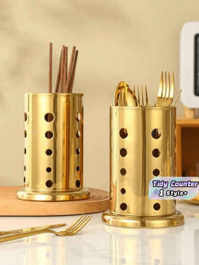 17cm Gold Stainless Steel Kitchen Organizer Bucket - Countertop Utensil Holder, Spoon & Chopstick Storage, Modern Farmhouse Decor, Kitchen Counter Decor