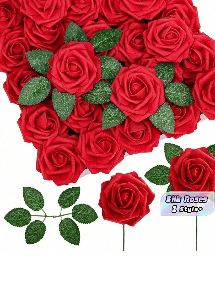 1 Pack Ivory Foam Artificial Rose With Stem For DIY Wedding Bouquet Bridal Shower Centerpiece Party Table Decor Valentine Mother Day Gift No Box - Red - View 1