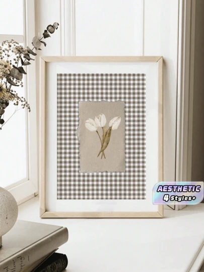 Tranh canvas không khung, họa tiết hoa tulip trắng và caro nâu, phong cách cottagecore tối giản, trang trí tường phòng khách, phòng ngủ, ký túc xá, quà tặng mùa xuân tựu trường, trang trí tường theo phong cách thẩm mỹ.