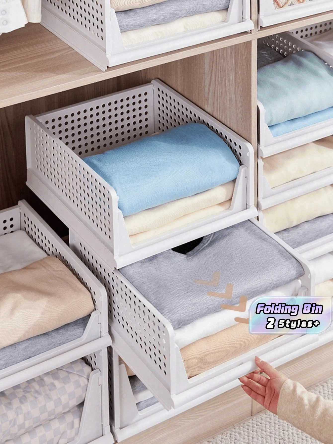 1PC Foldable Stackable Storage Basket Drawer Organizer Box For Closet Clothing Dresser Shelf Rack Bedroom Kitchen Desktop Snack Display Holder Collapsible Bin Container For Home Organization Wardrobe Tidy - White - View 1