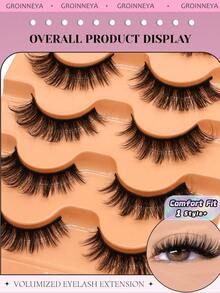 5 Pairs Volume False Eyelashes Natural Cat Eye Mink Effect Fluffy Manga Style Strip Lashes For Glam Makeup Daily Wear - Black - View 1