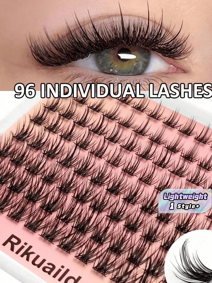 96 Pcs D Curl Lash Clusters Natural Look Individual Lashes Soft Fluffy Volume DIY Lash Extensions Kit For Home Use Eye Enlargement - D - View 1