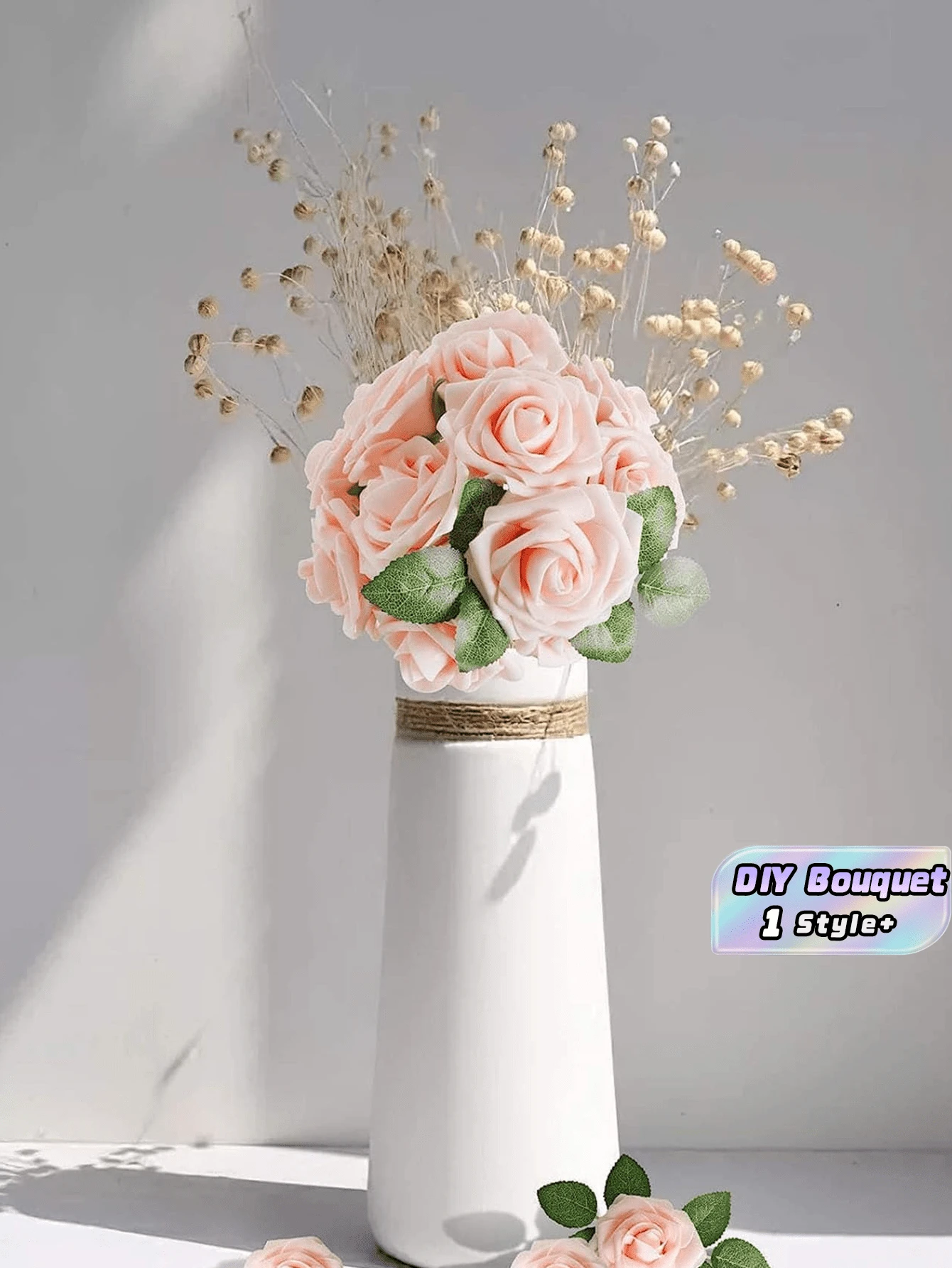 15Pcs Artificial Roses With Stem 15Pcs Leaves Realistic Silk Flowers For DIY Wedding Bouquet Table Centerpiece Party Baby Shower Home Decor Valentines Birthday Graduation Gift - Baby Pink - View 1