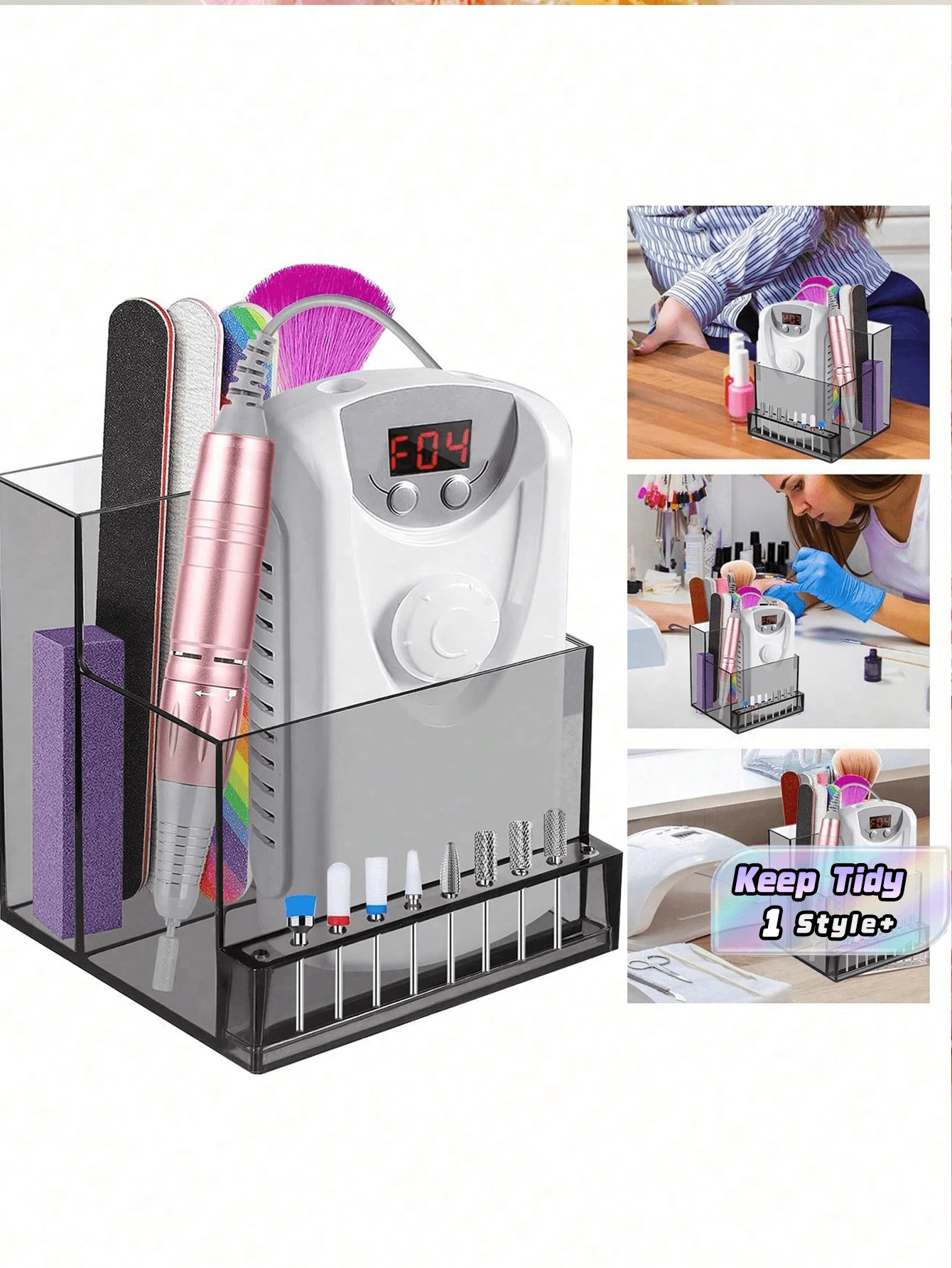 1pc Clear Plastic Nail Drill Bit Storage Box Organizer Holder For Nail Files Buffers Manicure Tools Desk Storage - Clear - View 1