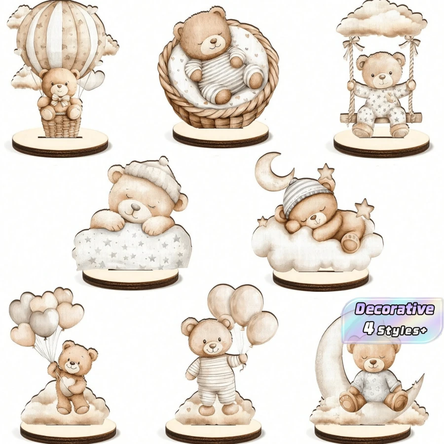 8 Pcs Wooden Bear Center Piece Decor, Gender Reveal Dessert Decoration, Boy Or Girl, Photography Props, Party Favor - multicolor - View 1