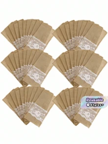 SHEIN 11*22Cm 亚麻蕾丝餐具架餐具袋，银器架刀叉袋亚麻餐巾袋，适用于婚礼派对、生日派对、家庭聚会、餐厅装饰礼物 5件/10件/20件/30件可选 - 彩色 - 查看 1