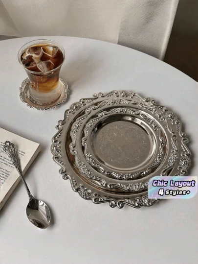 1pc Vintage Tray, Cup Coaster, Candle Holder, Jewelry Organizer Tray, Metal In Gold Or Silver Color,Decorations