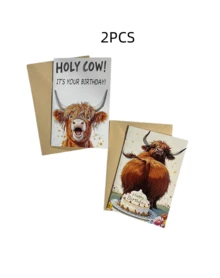2pcs Funny Highland Cow Birthday/Christmas Card - Humorous "Holy Cow!" Design, Gift For Farm Animal Lovers, Friends And Family - High Quality Card Paper With Soft Touch, Christmas Gifts - multicolor - View 8