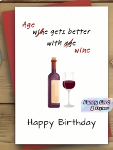 1张趣味葡萄酒主题生日贺卡，“美酒伴你越老越精彩”，送给家人、朋友、爱人的完美礼物，附信封 - 多色 - 查看 1