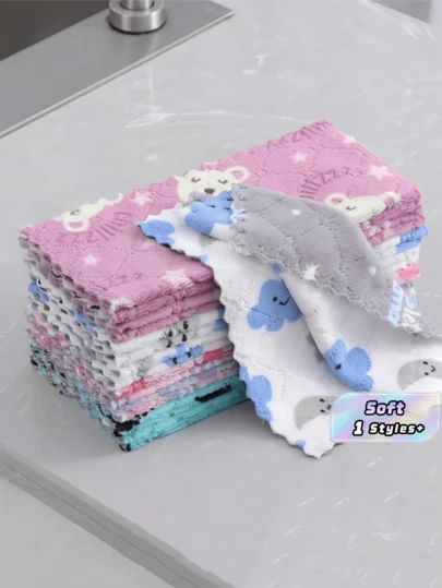SHEIN 5Pcs 16cm*27cm Cartoon Pattern Cleaning Rags, Absorbent And Easy To Clean Multifunctional Kitchen Rags, Suitable For Kitchen, Bathroom, Toilet, Household Items, Random Colors