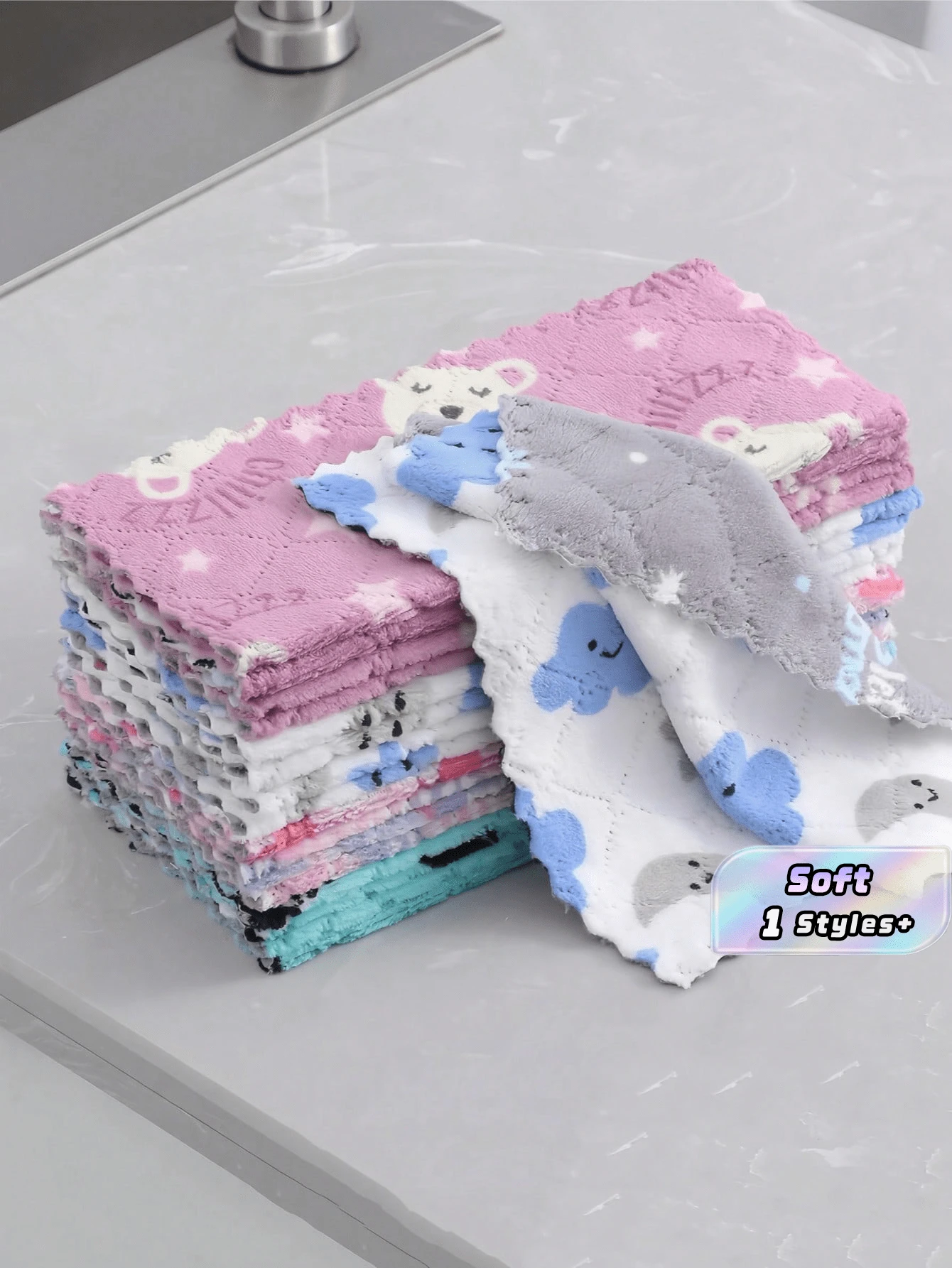 SHEIN 5块16cm*27cm卡通图案清洁抹布 吸水易清洗多功能厨房抹布 适用于厨房、浴室、卫生间、家居用品 颜色随机 - 彩色 - 查看 1