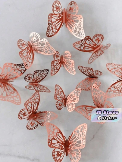 12 Piezas/24 Piezas Pegatinas de pared de mariposas huecas 3D Pegatinas de mariposas DIY Removibles PVC Refracción Brillante Oro, Plata, Oro Rosa Multicolor Decoración de arte para dormitorio de niñas, decoración de boda, sala de estar, decoración del hogar