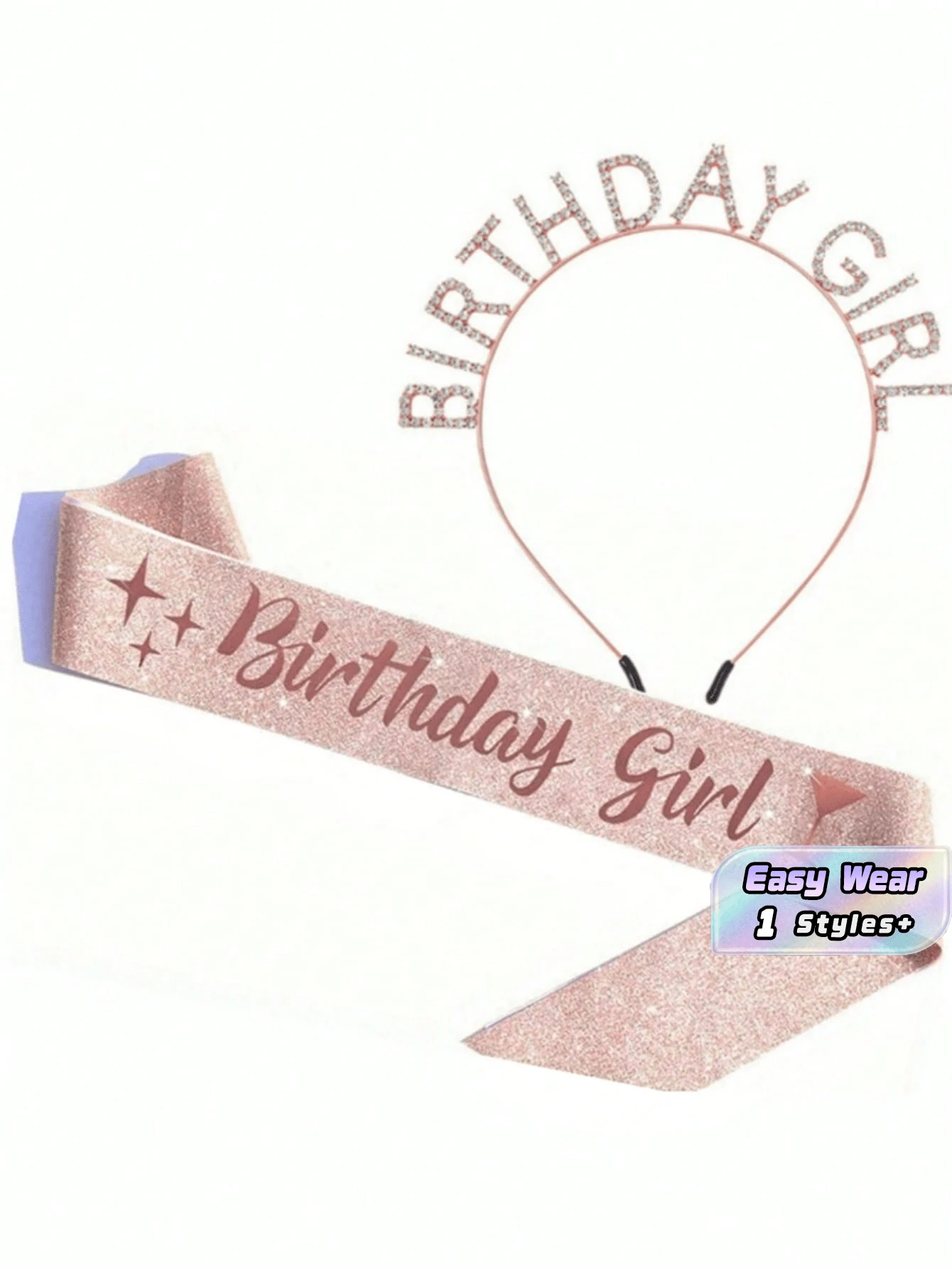 2 件套女士生日皇冠、玫瑰金生日腰带和女士生日皇冠套装、公主水钻生日头饰、女士生日礼物、甜蜜生日快乐配饰、派对装饰 - 香檳色 - 查看 1