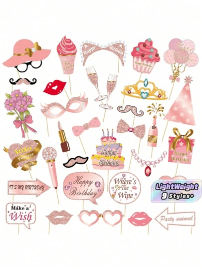 33 件玫瑰金闪光生日照片亭道具套件，DIY 趣味生日快乐照片道具套装，适用于女性装饰品（带棍棒），生日派对装饰品及用品，圣诞节