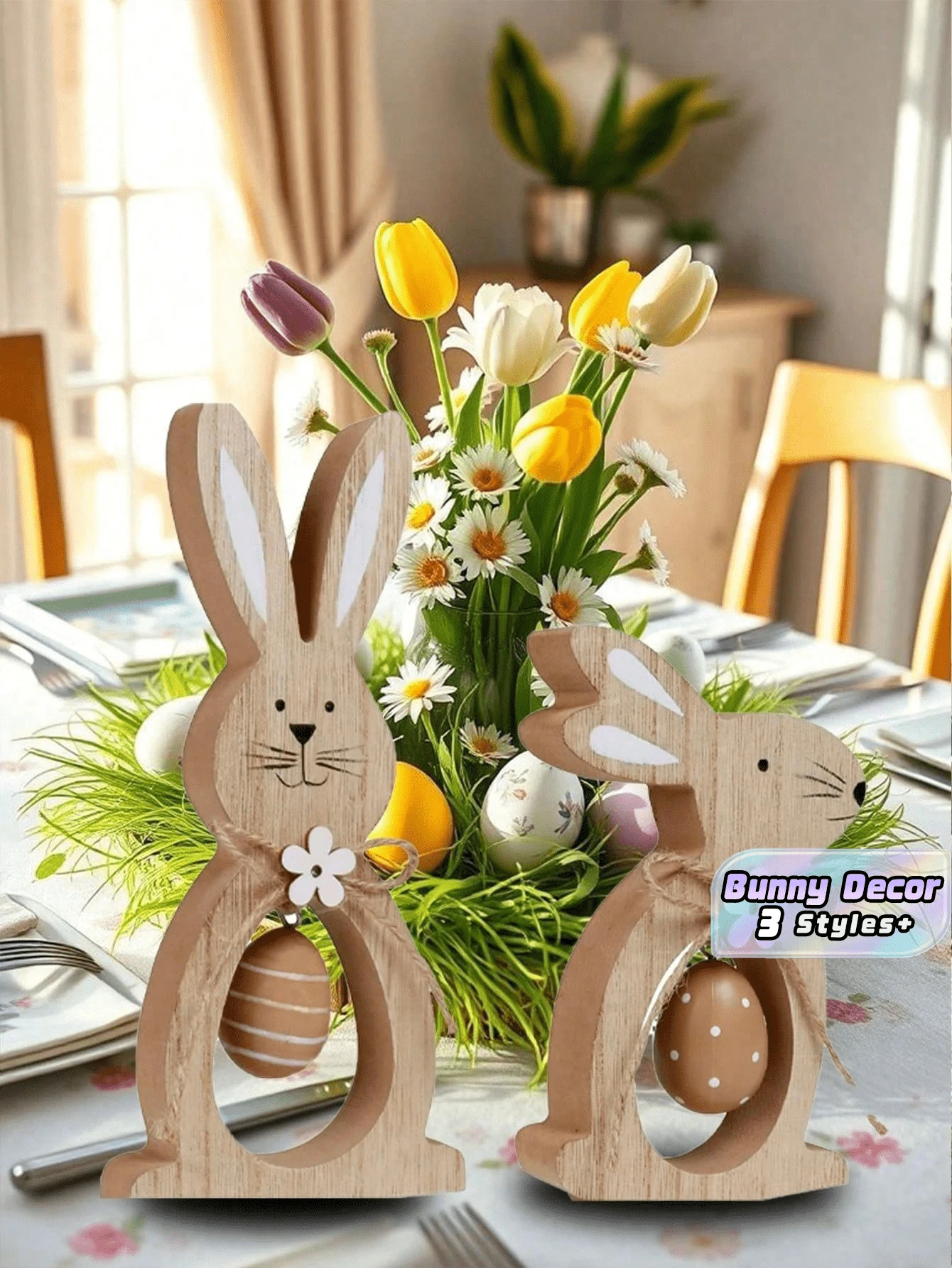 2PCS Set Cute Wooden Rabbit Egg Stackable Decor Indoor Home Party Joyful Spring Decoration Tabletop Ornament Shelf Sitter Mantel Decor For Easter Spring Celebration Holiday Festive Display - Easter Bunny Edition - View 1