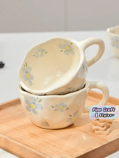 SHEIN 1PC Cốc gốm cầm tay không đối xứng màu kem, cốc ăn sáng, cốc cà phê làm quà tặng Giáng sinh cho ngày lễ