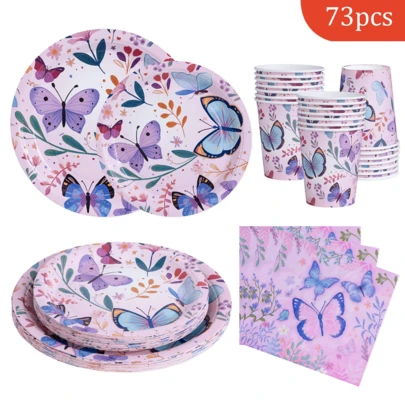Pink Leaf Butterfly Disposable Meal Plate Napkins And Paper Cups, Disposable Party Supplies Set, Suitable For 16 Guests, Disposable Paper Plate Party Utensils Suitable For Birthday, Wedding, Theme Party, Family Picnic