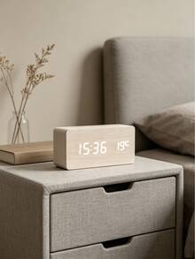 Teckwe 1pc Smart Wood Grain Digital Alarm Clock With Temperature Display, Adjustable Alarm Wake‑Up Reminder,Bedroom Office Decor, Birthday Graduation Gift, Dual Power Supply: USB Plug‑In / Dry Battery(4 AAA Batteries Not Included, Buy Separately) - White - View 5