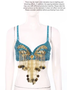 Women's Shiny Belly Dance Bra Top, Sequin Fringe Bra Top, Carnival Costume, Dance Wear - Multicolor - View 5