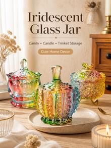 Cirelle Iridescent Rainbow Gradient Glass Jar With Knob Lid Sealed Storage Canister, Dust Proof Container For Candy Snacks Jewelry Trinkets, Multi Purpose Decor Organizer For Kitchen Bedroom Vanity, Ideal Holiday Gift - Multicolor - View 5