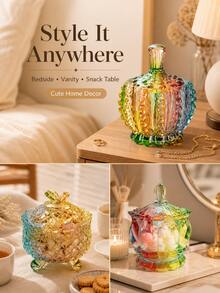 Cirelle Iridescent Rainbow Gradient Glass Jar With Knob Lid Sealed Storage Canister, Dust Proof Container For Candy Snacks Jewelry Trinkets, Multi Purpose Decor Organizer For Kitchen Bedroom Vanity, Ideal Holiday Gift - Multicolor - View 8