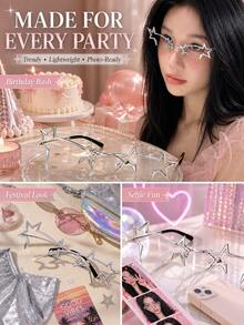 Joivida 1 Stück Y2K Sternförmige randlose Modebrillen, Halbrahmen Pentagramm Brillen ohne Gläser, verschiedene Rahmenfarben verfügbar (Silber, Pink, Schwarz, Gold), Retro Cyberpunk Stil, perfekt für Cosplay, Partys, Streetwear & Live-Streaming, leicht & nicht faltbar, verleiht jedem Outfit einen mutigen und kantigen Look, ideal für Fotoshootings, Clubnächte und Modestyles - Verschiedenfarbig - Übersicht 9