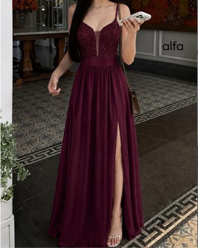 Vestido largo mujer graduación fiesta noche encaje bordado tirantes finos abertura lateral falda fluida satén fiesta noche evento elegante invitada boda sofisticado glamuroso sensual primavera