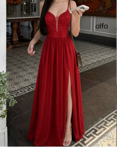 Vestido largo mujer graduación fiesta noche encaje bordado tirantes finos abertura lateral falda fluida satén fiesta noche evento elegante invitada boda sofisticado glamuroso sensual primavera