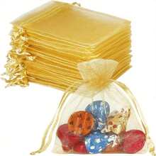 50PCS Organza Gift Bags With Drawstring, For Jewelry, Candy, Wedding, Party Favor Pouch School Supplies Food Bag Food Box Suitable For Candy Chocolate Cookies Etc., - Gold - View 5