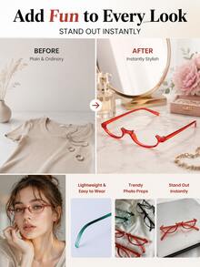 Joivida 1Pc Japanese Style Half-Rimless Oval Eyeglasses, No-Lens Decorative Glasses For Cosplay, Multiple Colors Available (Red, Green, Tea), Anime & Y2K - Multicolor - View 8