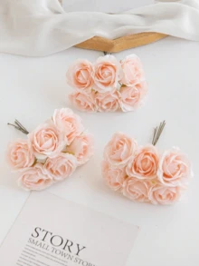 6Pcs Mini Artificial Roses Letter Shaped For DIY Wreath Candy Box Wedding Home Decor Bride Wrist Corsage Chest Flower Headpiece Materials Valentines New Year Birthday Party Cake Decorations - Baby Pink - View 3