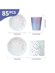 Bộ đĩa, khăn ăn và cốc dùng một lần họa tiết cánh hoa chấm bi bạc hologram, phục vụ 20 khách. Bộ đồ dùng tiệc dùng một lần này (bao gồm đĩa, khăn ăn và cốc) rất phù hợp cho các bữa tiệc sinh nhật, đám cưới và dã ngoại gia đình. - Xem 2